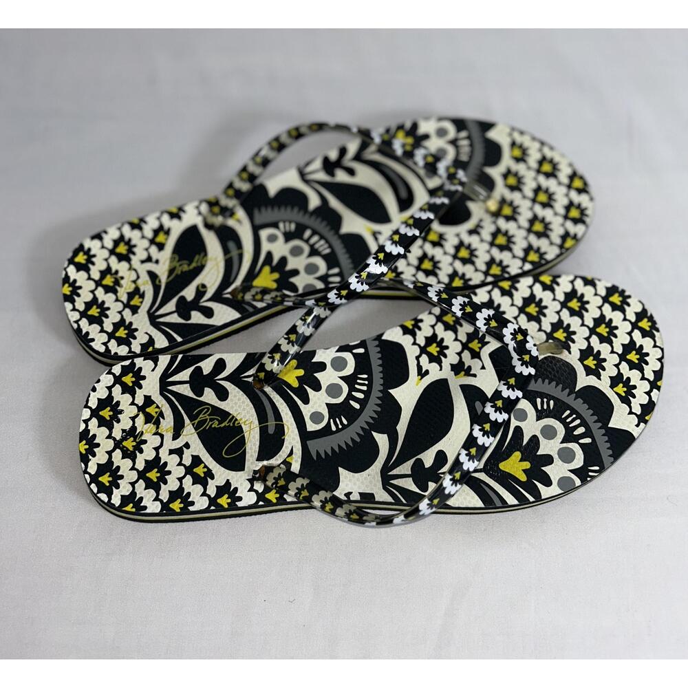 Vera Bradley Flip Flops Womens 10 Yellow Black White Floral Beach Sandals
